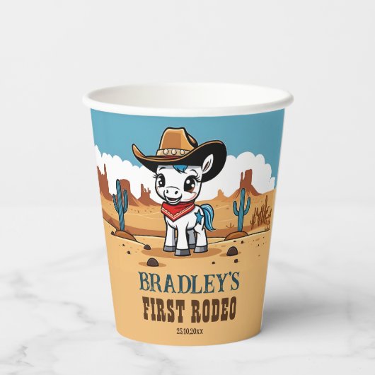 Gobelets En Papier Premier Rodeo mignon cowboy cheval d'anniversaire (Verso)