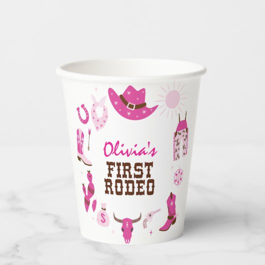 Gobelets En Papier Premier Rodéo Rose Western Cowboy 1er Anniversaire (Recto)