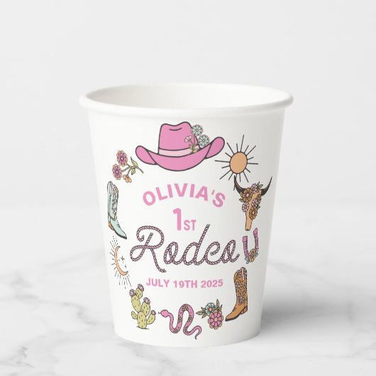Gobelets En Papier Premier Rodéo Rose Western Cowboy 1er Anniversaire (Recto)