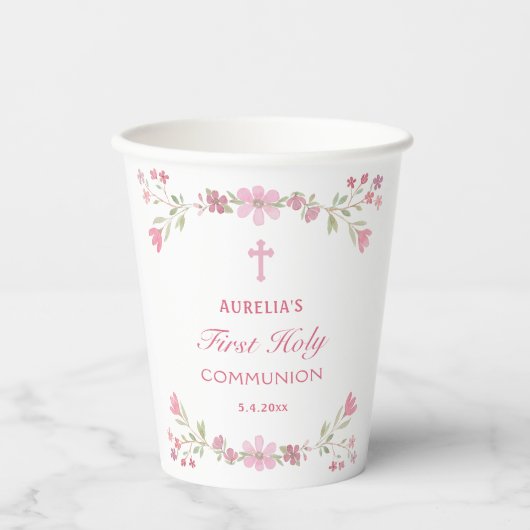Gobelets En Papier Première communion de fleurs roses (Recto)