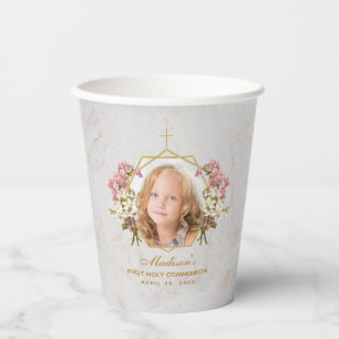 Gobelets En Papier Première communion fille photo marbre rose orchidé