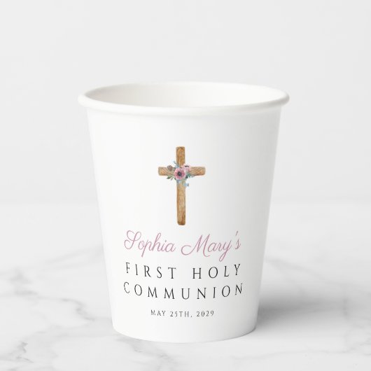 Gobelets En Papier Première communion florale personnalisée (Recto)