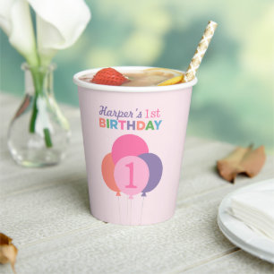 Gobelets En Papier Première fille d'anniversaire moderne rose violet 