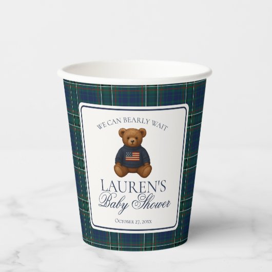 Gobelets En Papier Preppy Bear Tartan Pattern Boy Baby Shower (Recto)