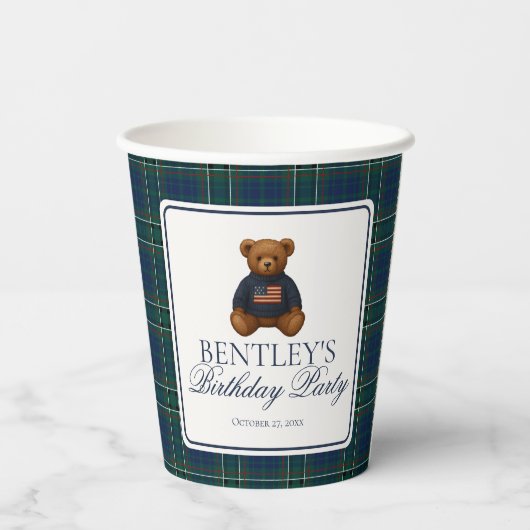 Gobelets En Papier Preppy Bear Tartan Pattern Boy Birthday Party (Verso)