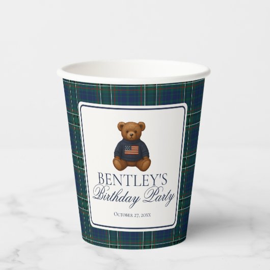 Gobelets En Papier Preppy Bear Tartan Pattern Boy Birthday Party (Recto)