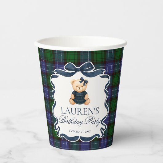 Gobelets En Papier Preppy Coquette Bow Bear Tartan Plaid Birthday (Recto)