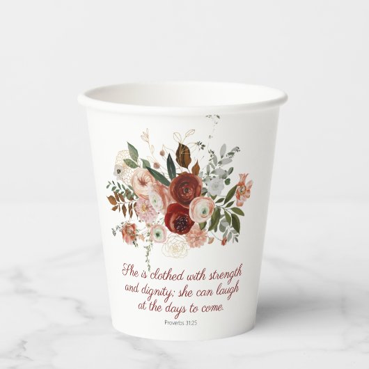 Gobelets En Papier Proverbes 31:25 Élégant rose rose floral rose (Recto)