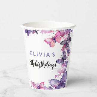 Gobelets En Papier Purple Aquarelle Papillon Fille à l'anniversaire
