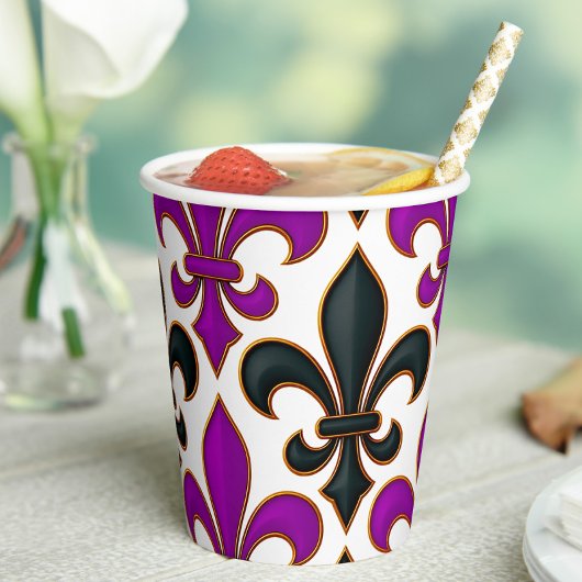 Gobelets En Papier Purple Black Baroque Fleur-de-lis Pattern Design