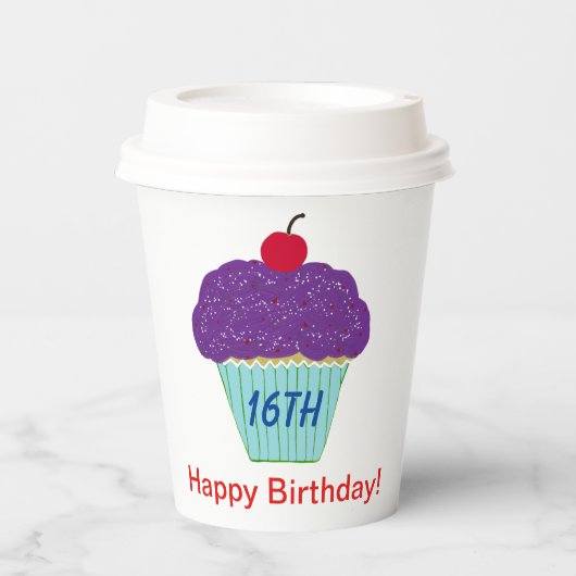 Gobelets En Papier Purple Cupcake 16e fête d'anniversaire (Recto)