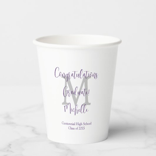 Gobelets En Papier Purple Grey et blanc Monogrammed Graduation Party (Recto)