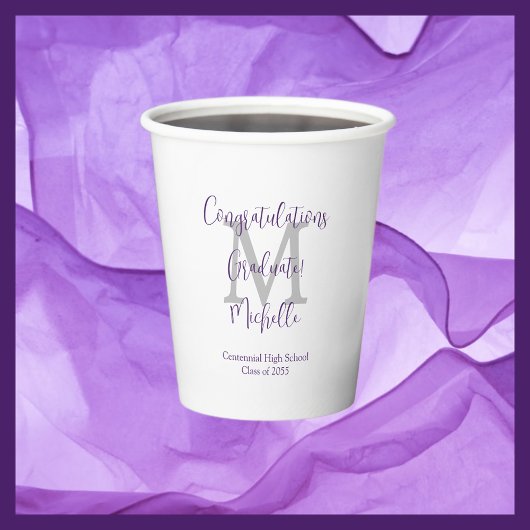 Gobelets En Papier Purple Grey et blanc Monogrammed Graduation Party