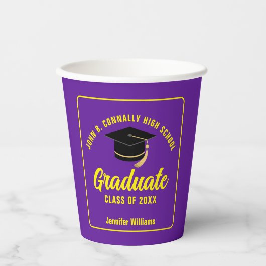 Gobelets En Papier Purple Jaune Graduate sur mesure fête de graduatio (Recto)