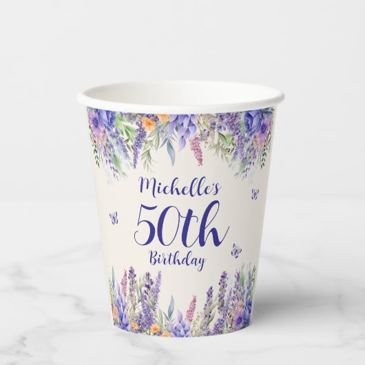 Gobelets En Papier Purple Lavender Floral 50th Birthday (Recto)