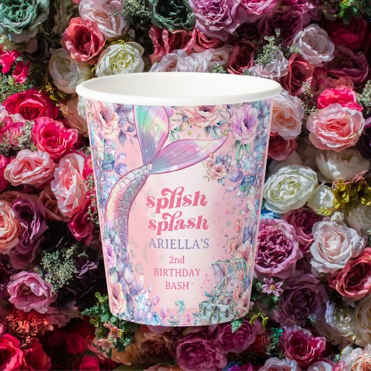 Gobelets En Papier Queue de sirène pailletée de fleurs pour 2e annive