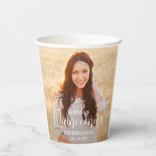 Gobelets En Papier Quinceañera 2 Photos et Script blanc tendance mode (Verso)