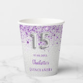 Gobelets En Papier Quinceanera argent violet parties scintillant (Recto)