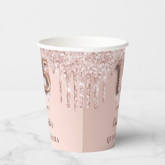 Gobelets En Papier Quinceanera blush rose or parties scintillant nom (Droite)