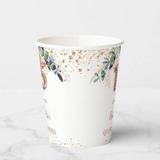 Gobelets En Papier Quinceanera eucalyptus vert nom rose or (Gauche)