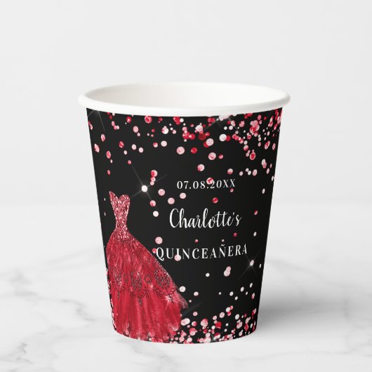 Gobelets En Papier Quinceanera robe rouge noire nom confetti (Recto)