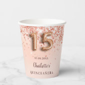 Gobelets En Papier Quinceanera rose or nom de parties scintillant (Recto)