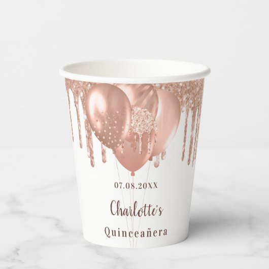 Gobelets En Papier Quinceanera rose or parties scintillant ballons bl (Verso)