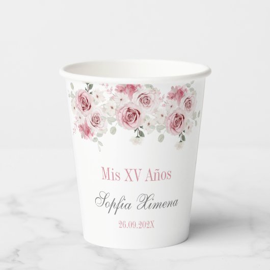 Gobelets En Papier Quinceañera rose rose pâle (Verso)