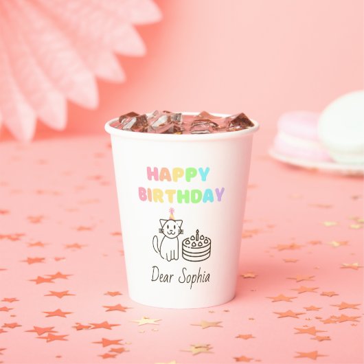 Gobelets En Papier Rainbow&Cute Chat Joyeux Anniversaire (Insitu)