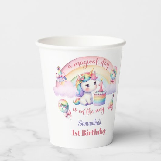 Gobelets En Papier Rainbow Magique Unicorn Fille 1er anniversaire fêt (Verso)