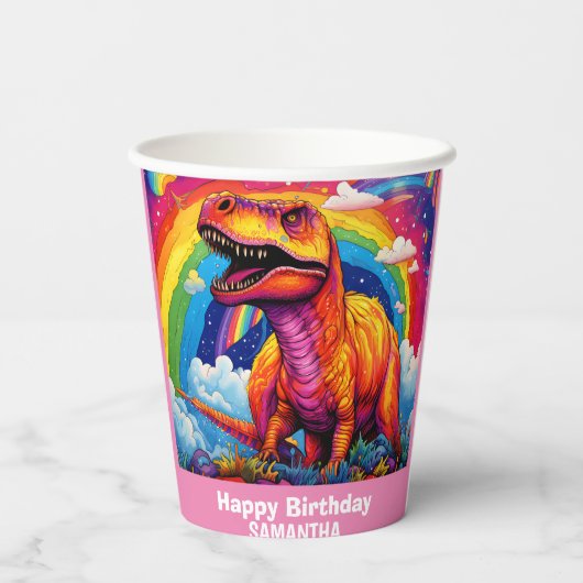 Gobelets En Papier Rainbow Wild Un anniversaire T Rex Dinosaur rose (Verso)