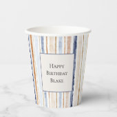 Gobelets En Papier Rayures Crème Bleu Anniversaire (Recto)