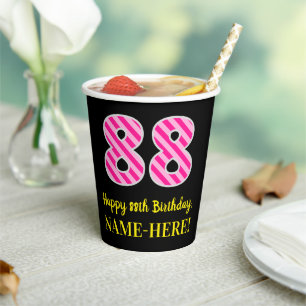 Gobelets En Papier Rayures roses amusantes « 88 » : Joyux 88e anniver