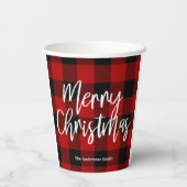 Gobelets En Papier Red Buffalo Plaid & Joyeux Noël |Nom personnel (Verso)