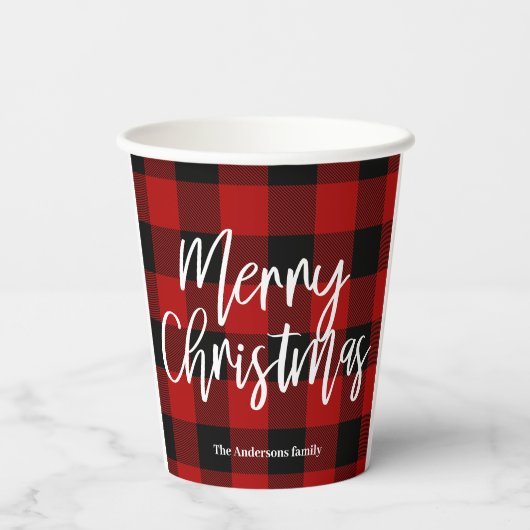 Gobelets En Papier Red Buffalo Plaid & Joyeux Noël |Nom personnel (Verso)