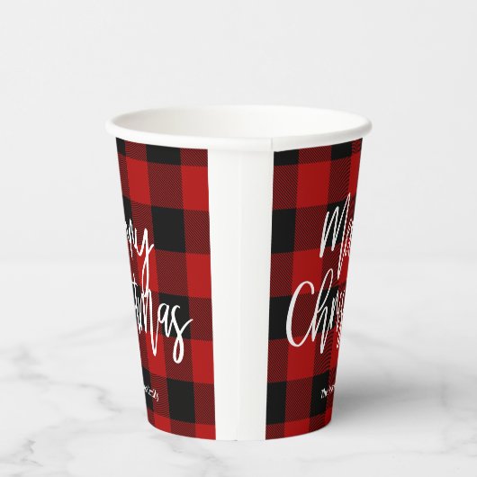 Gobelets En Papier Red Buffalo Plaid & Joyeux Noël |Nom personnel (Droite)