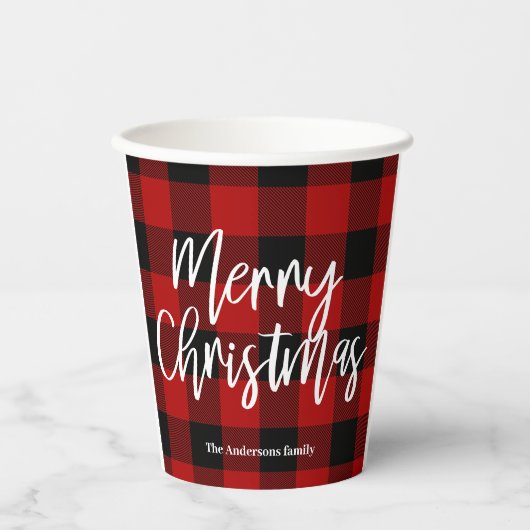 Gobelets En Papier Red Buffalo Plaid & Joyeux Noël |Nom personnel (Recto)