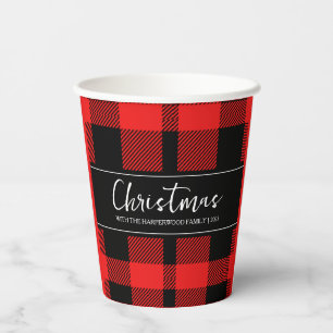 Gobelets En Papier Red Buffalo Plaid Minimaliste Noël Nom de famille