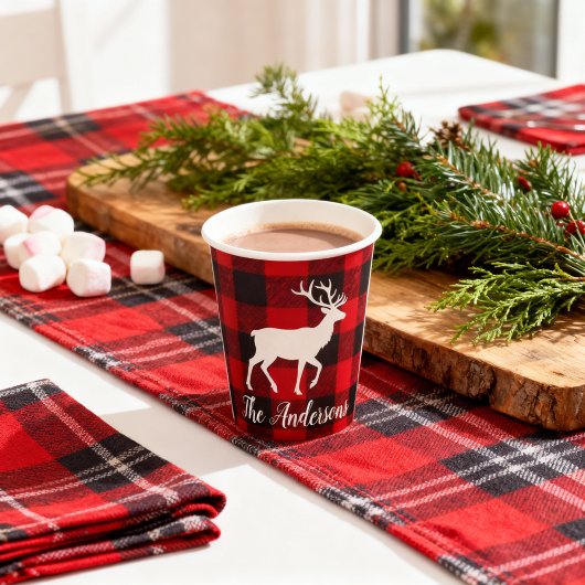 Gobelets En Papier Red Buffalo Plaid & Reindeer | Personal Name Gift 