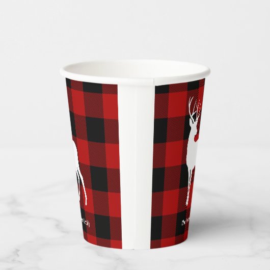Gobelets En Papier Red Buffalo Plaid & White Deer | Nom personnel (Droite)