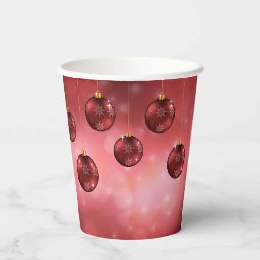 Gobelets En Papier Red Festive Baubles de Noël sur Red Bokeh (Verso)