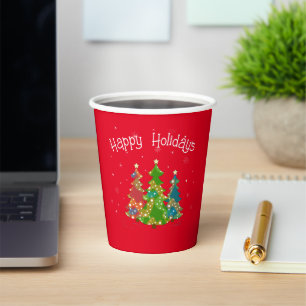 Gobelets En Papier Red Happy Holidays, Arbres, Snowflakes, Moderne