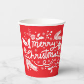 Gobelets En Papier Red Joyeux Noël Festif Fête Blanc Floral (Recto)