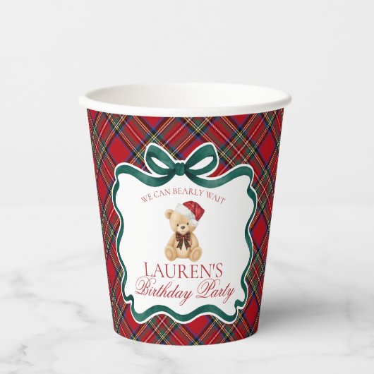 Gobelets En Papier Red Tartan Plaid Christmas Bear Birthday Party (Recto)