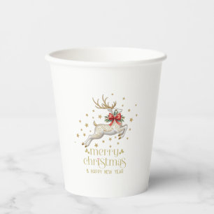 Gobelets En Papier Renne de Noël or et blanc