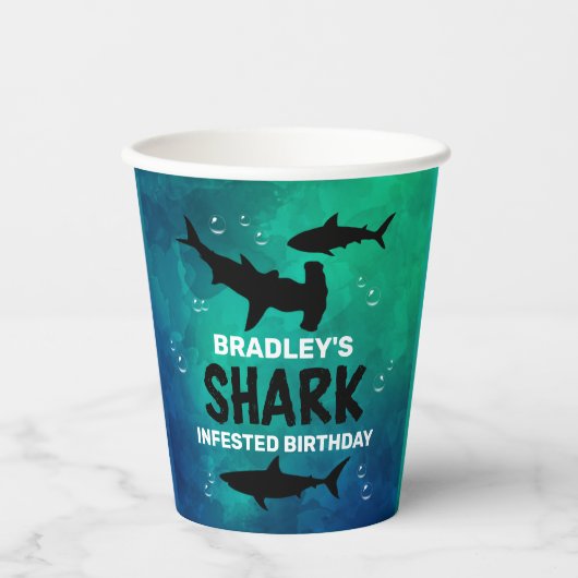 Gobelets En Papier Requin infesté n'importe quel âge fête d'anniversa (Recto)