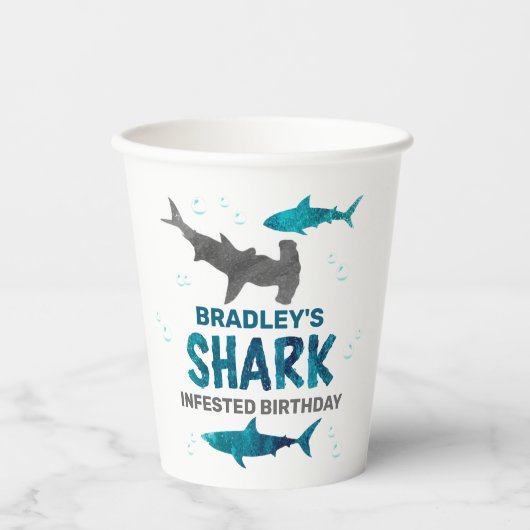 Gobelets En Papier Requin infesté n'importe quel âge fête d'anniversa (Recto)
