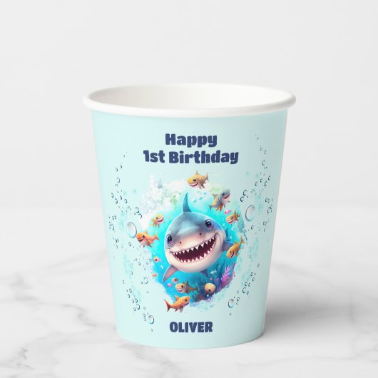 Gobelets En Papier Requin mignon 1er anniversaire garçon (Verso)