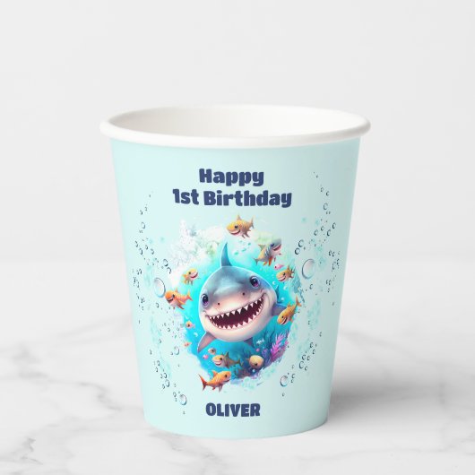 Gobelets En Papier Requin mignon 1er anniversaire garçon (Recto)