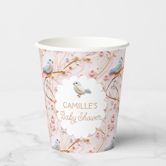 Gobelets En Papier Ressort Baby shower rose Floral Personnalisé (Recto)